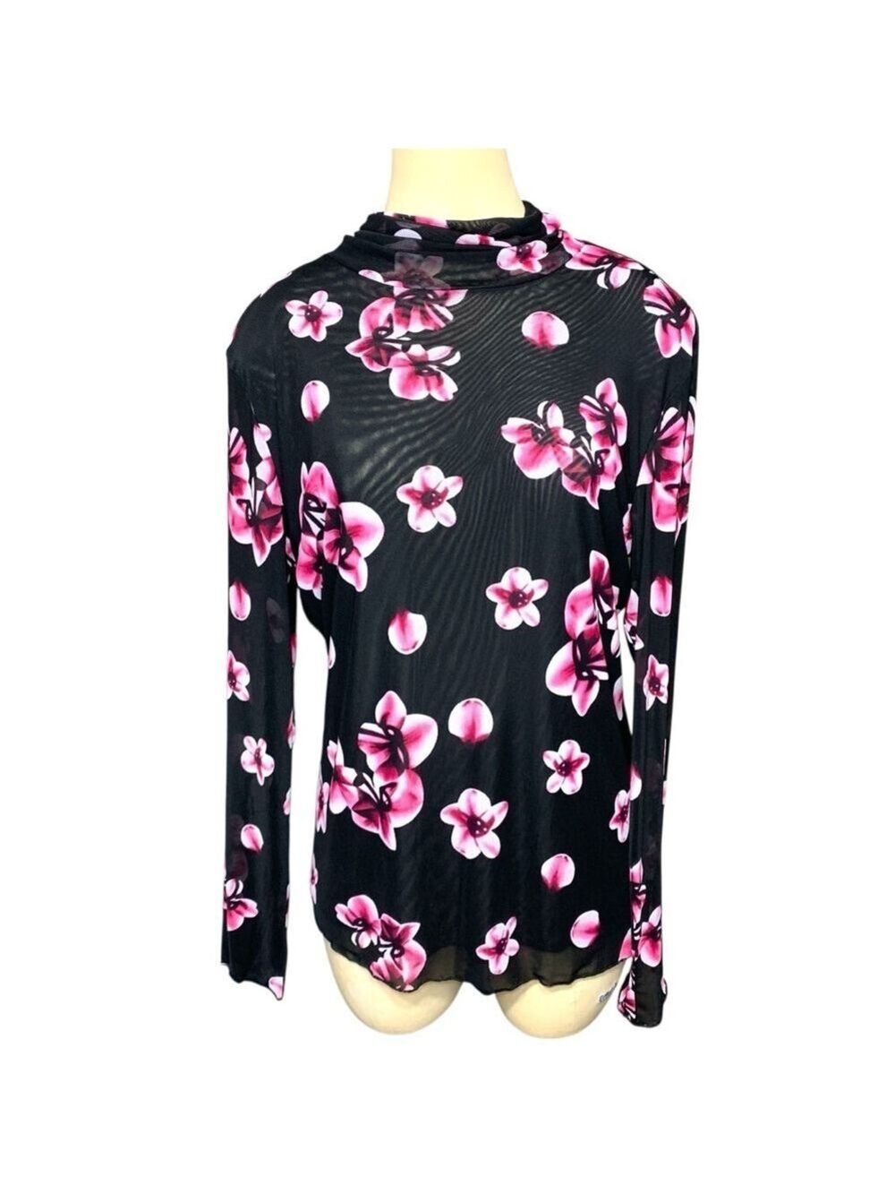 Tristan Black Mesh Sheer Shirt Pink Floral Long Sleeve Tee Shirt L Feminine Top